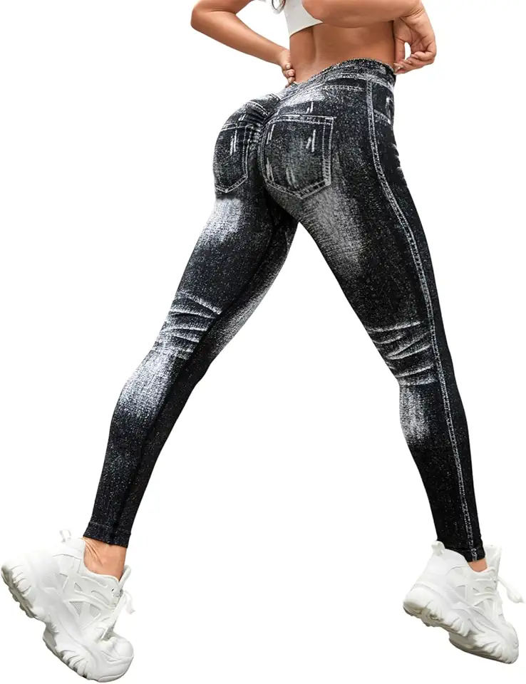 Calça jeans feminina com decote em V nas costas para levantar o bumbum, controle de barriga, calça jeans de cintura alta para ioga, leggings apertadas
