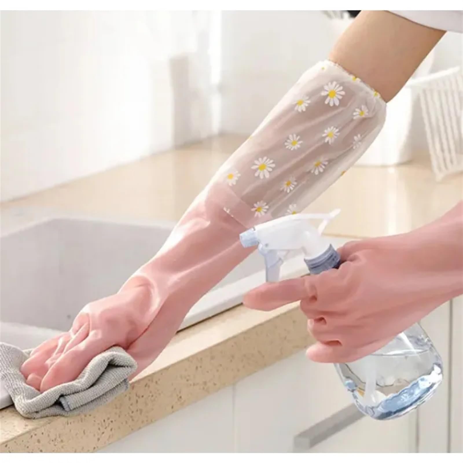 1 Par Guantes Manga Larga Lavar Cocina Jardinería Duradero(Blau)