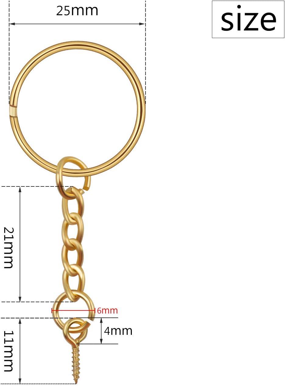 BronaGrand 50pcs 25mm Split Key Ring with Extend Chain and 12mm Screw Eye Pin for Craft Charm Making,Gold