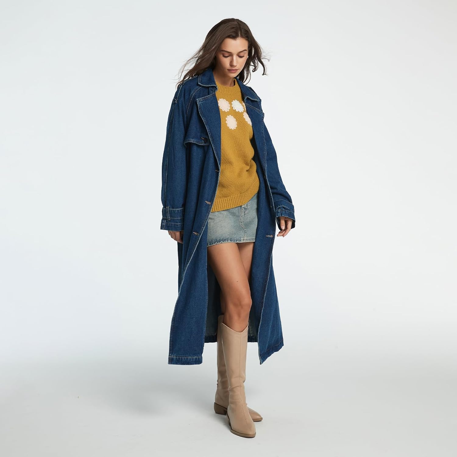 Women's Lapel Denim Trench Coat Long Sleeve Double Midi Classic Breasted Jackets With Belt - Image 5