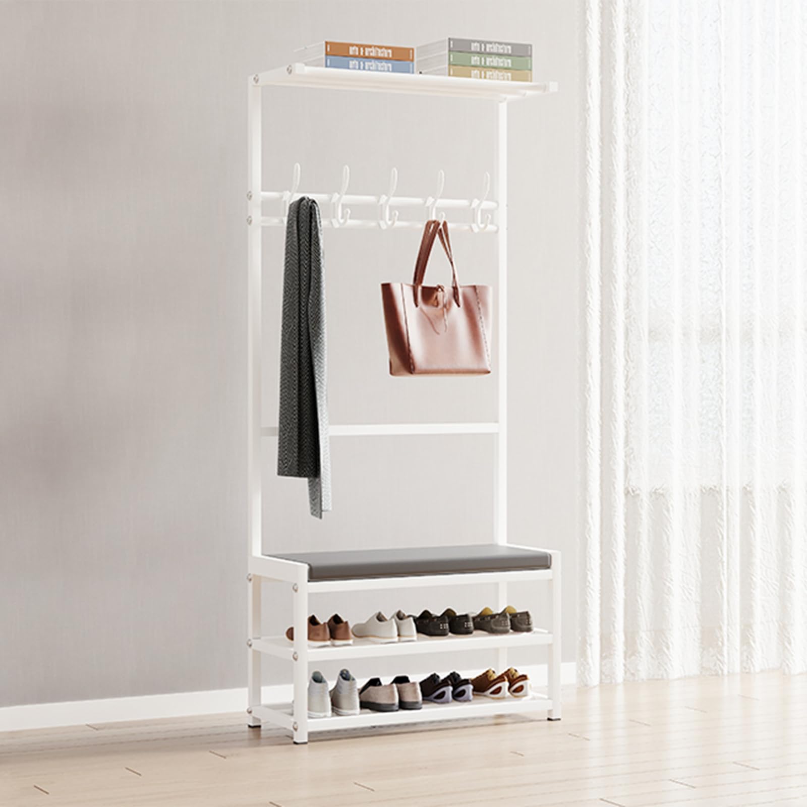 SWENEEN Freestanding Rack Storage Entryway Tree Stool,Sturdy Frame Nized Coat For Entryway,White-60 25.5 160cm