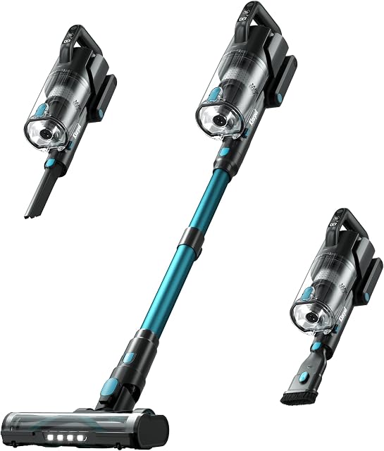 Klarpul Aspirateur sans fil, 650W 55KPA 70Mins Nettoyeur à vide à charge rapide, autoportant LED Aspirateur d'écran tactile pour la maison légère, pour les cheveux/carpet/floor, Cyan