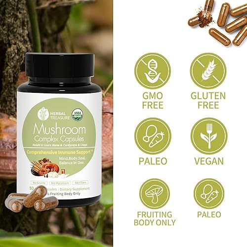 Miniatura 4 de Herbal Treasure - Suplemento complejo de hongos 4 en 1, adaptógenos con melena de león, mezcla de hongos Reishi, Chaga y Cordyceps, extracto de