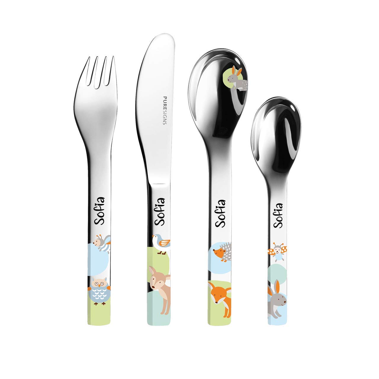 Geburtsgeschenk mit Namen: Kinderbesteck Woody mit Gravur + Lätzchen mit Namen - Fuchs Geschenk Neugeborene (Junge/Mädchen)
