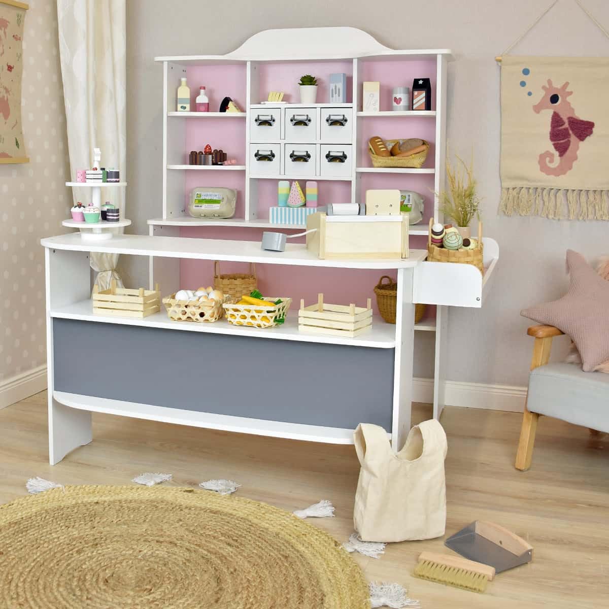 Roba negozio Macaron rosa,Negozio di alimentari, negozio per bambini, in legno