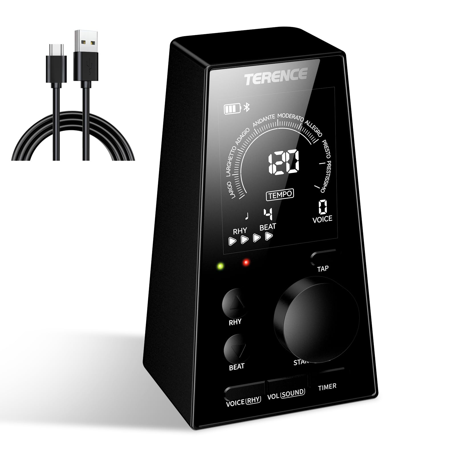 TERENCE Digital Metronome for Piano, Guitar, Drum and All Musical Instruments, Metronome with Volume, Rhythm Adjustable, Electric Metronome with LCD Display, Speaker, Timer Function (Black)