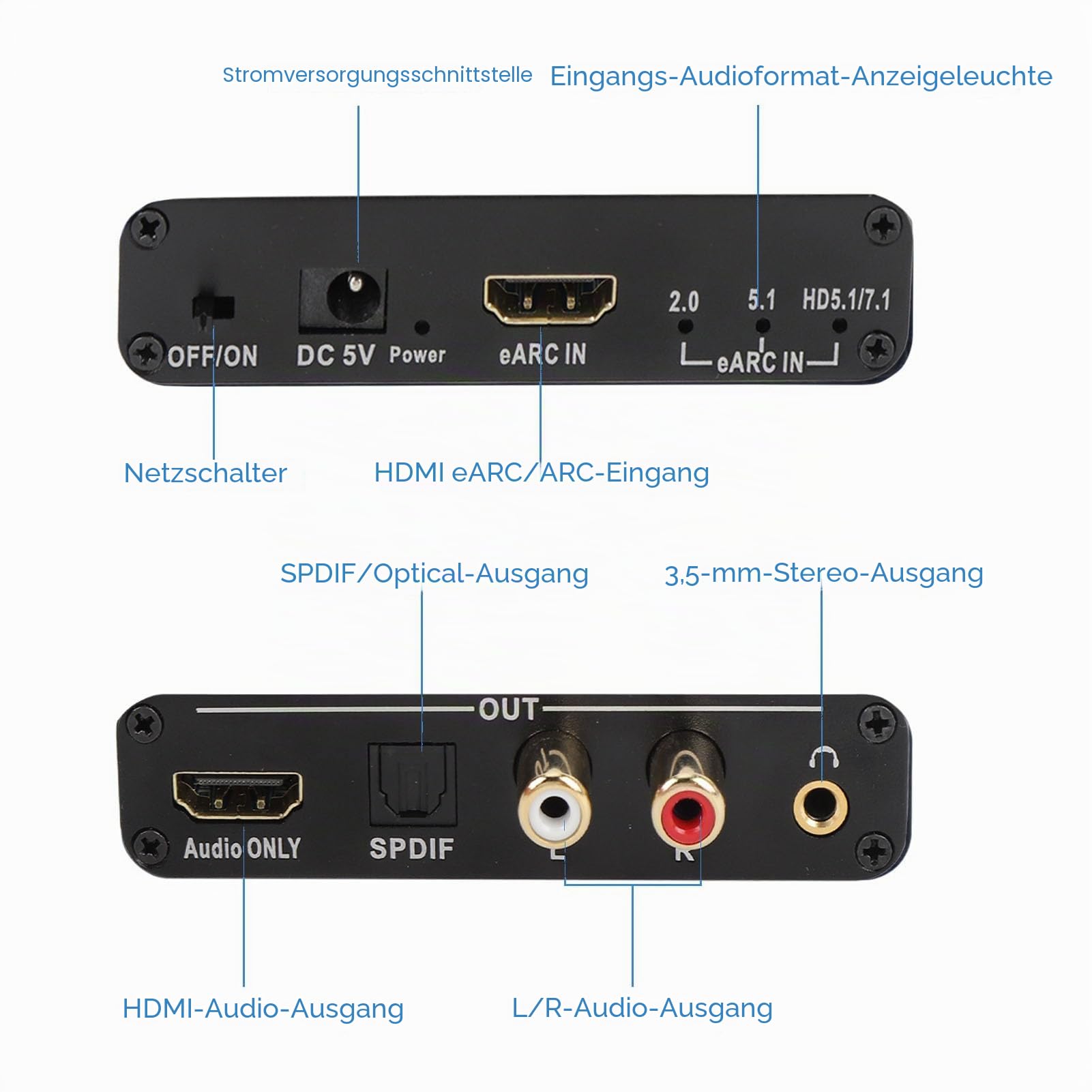 HDMI eARC Audio Extractor, 192KHz Konverter auf HDMI Optisch SPDIF 3,5mm AUX Klinke für Verstärker Soundbar HDTV