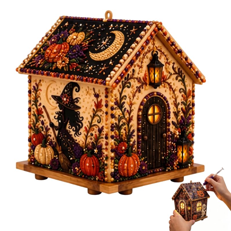 3D Halloween DIY Pearl Art House Kit, Wooden Ghost House Desktop Ornament, Complete Pearl Painting Craft Set for Beginners, Holiday Home Table Decor, Gift for Kids & Craft Lovers，Witch