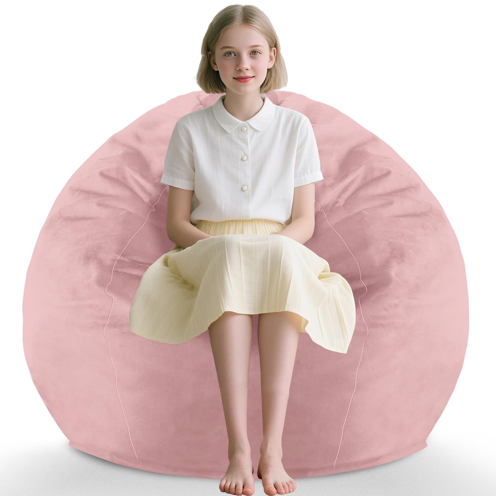 2ft bean bag chair, comfy bean bag chairs with memory foam filled, fluffy beanbag sofa with dutch velvet cover, teardrop beanbag chairs for living room, playroom - light pink