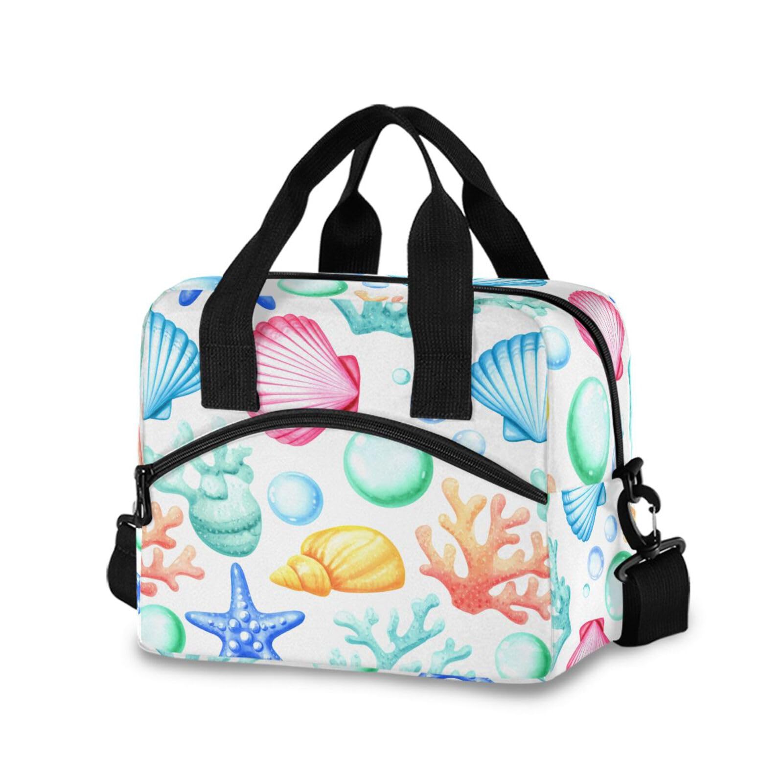 Sinestour Insulated Lunch Bag Reusable Cooler Seashell Starfish White Lunch Box Adjustable Shoulder Strap for School Office Picnic