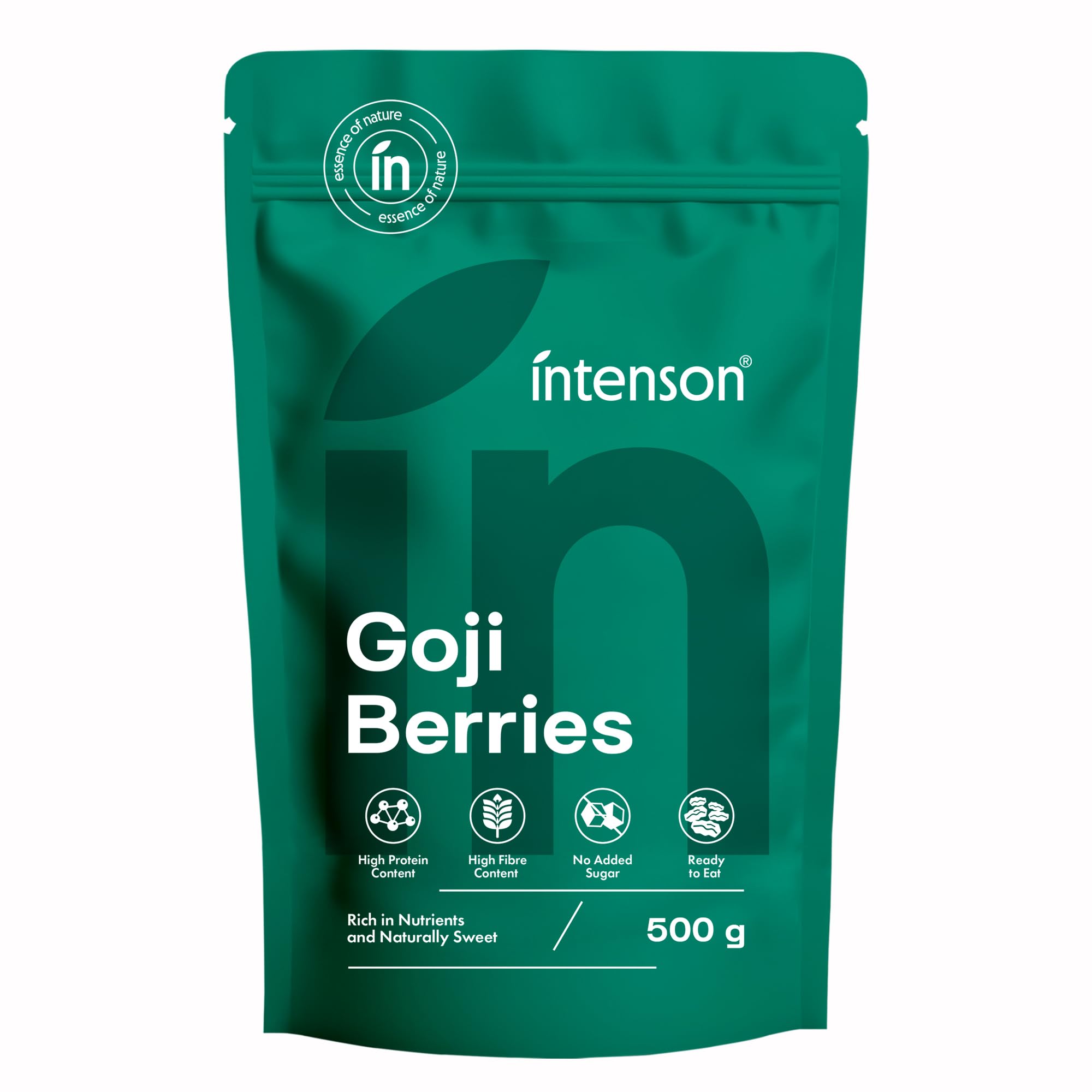 Intenson Bayas de Goji Secas, 500 g, Superalimento Naturalmente Dulce, Alto Contenido en Fibra, Antioxidantes y Proteínas Vegetales, Vegano, Sin Gluten, Sin Azúcares Añadidos
