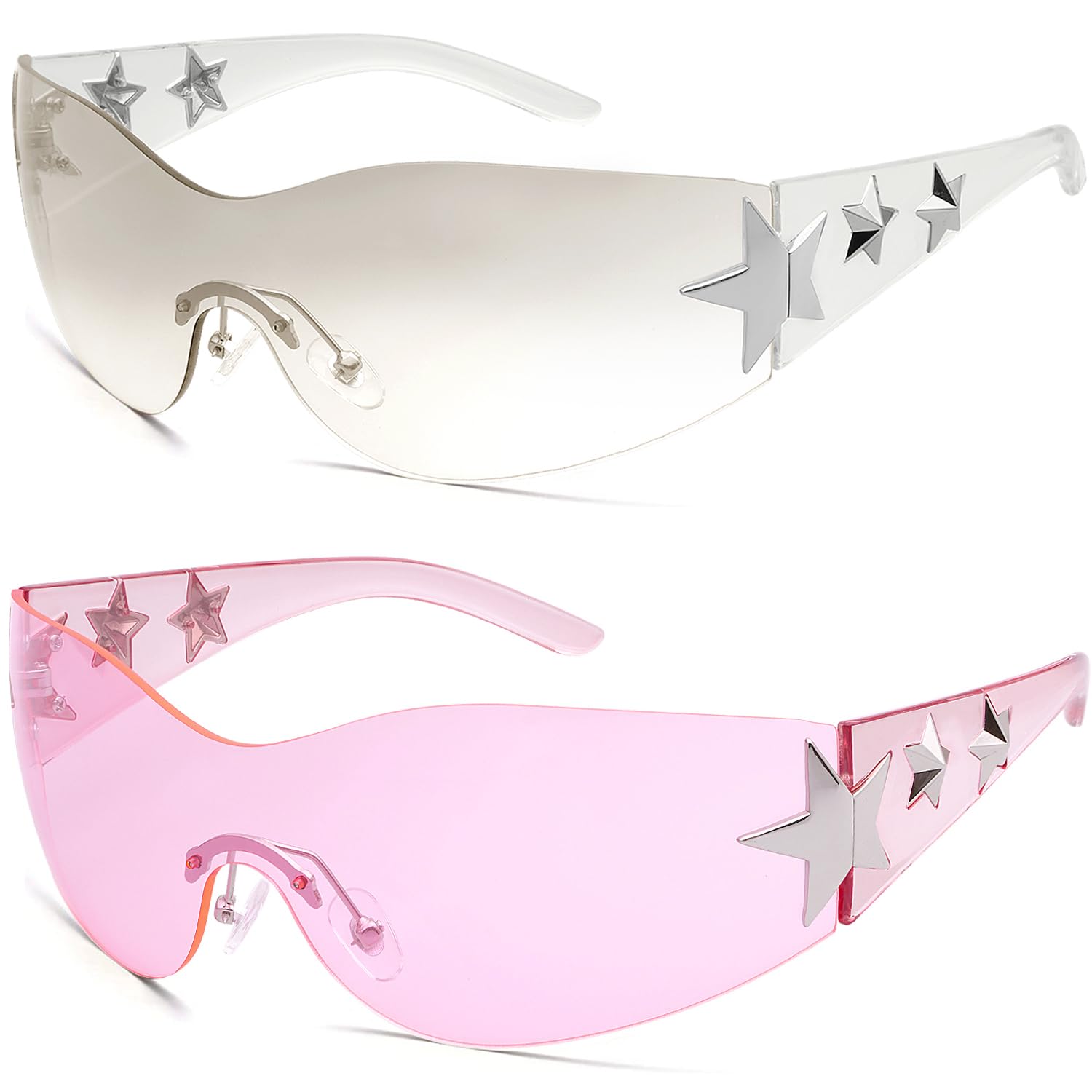 HaqptulHaqptul Rimless Y2K Sunglasses Star Wrap Around Glasses 2000S Accessories for Women Men Trendy Fashion Cool Shield Shades