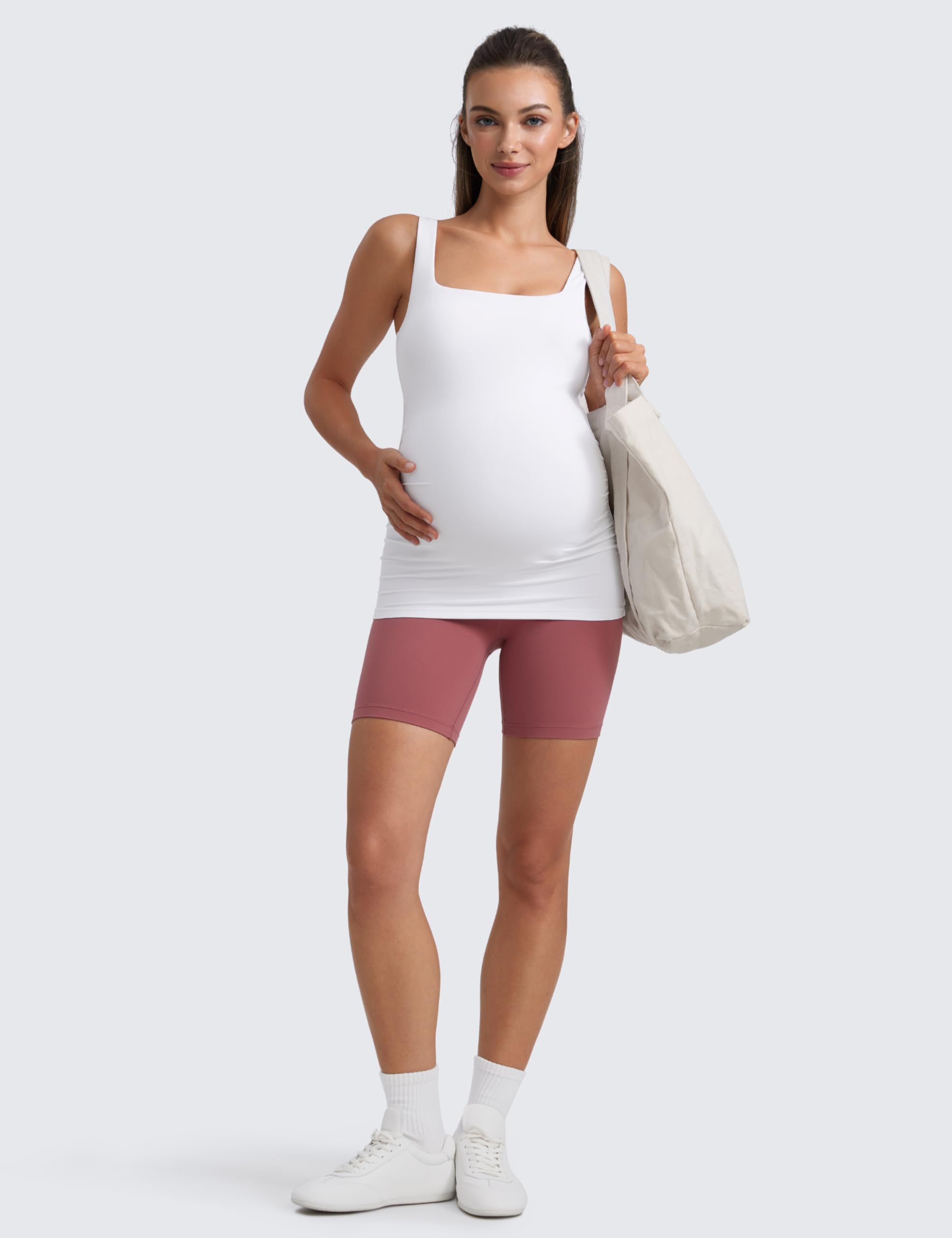 CRZ YOGA Butterluxe Mujer Cuadrado Cuello Maternidad Tanque Tops Fruncido Embarazo Yoga Camisa Acolchado