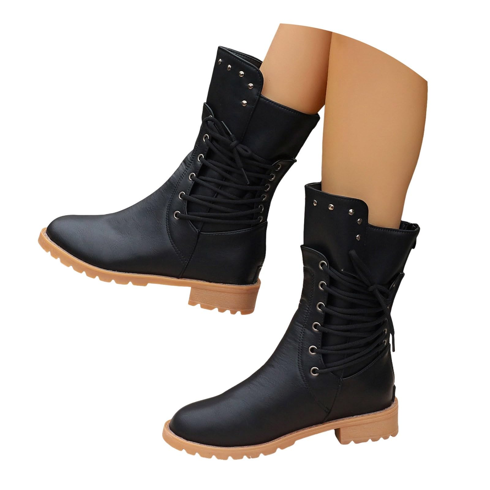 Mid Calf Boots for Women Autumn Winter Fashion Chunky Low Heel Lace up Combat Riding Shoes Womens Vintage