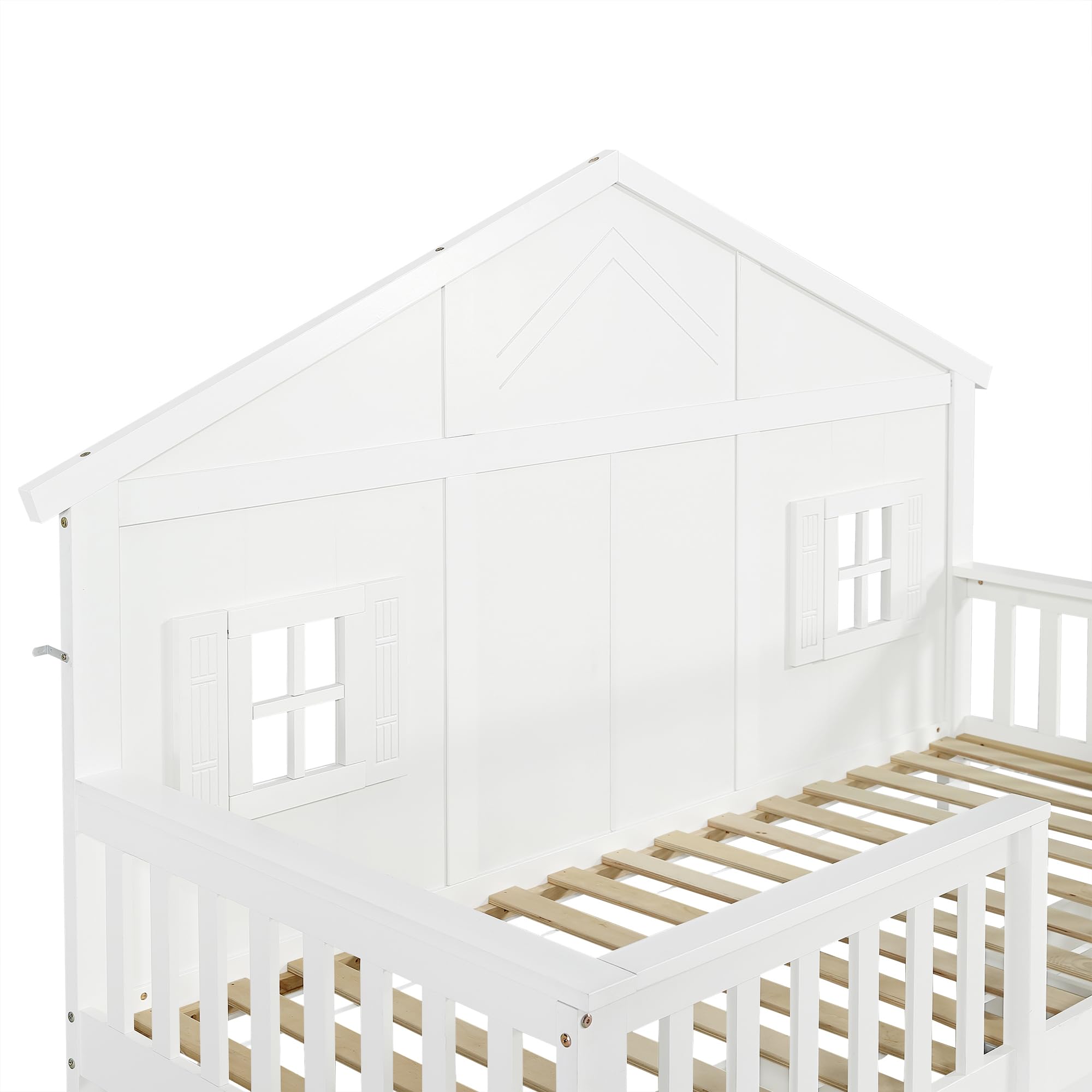 Letto Casetta per Bambini Ragazzi 90x200cm con 2 Cassetti, Letto a Forma di Casa con Finestre e Tetto, Rete a doghe, Struttura letto in pino (Senza Materasso)