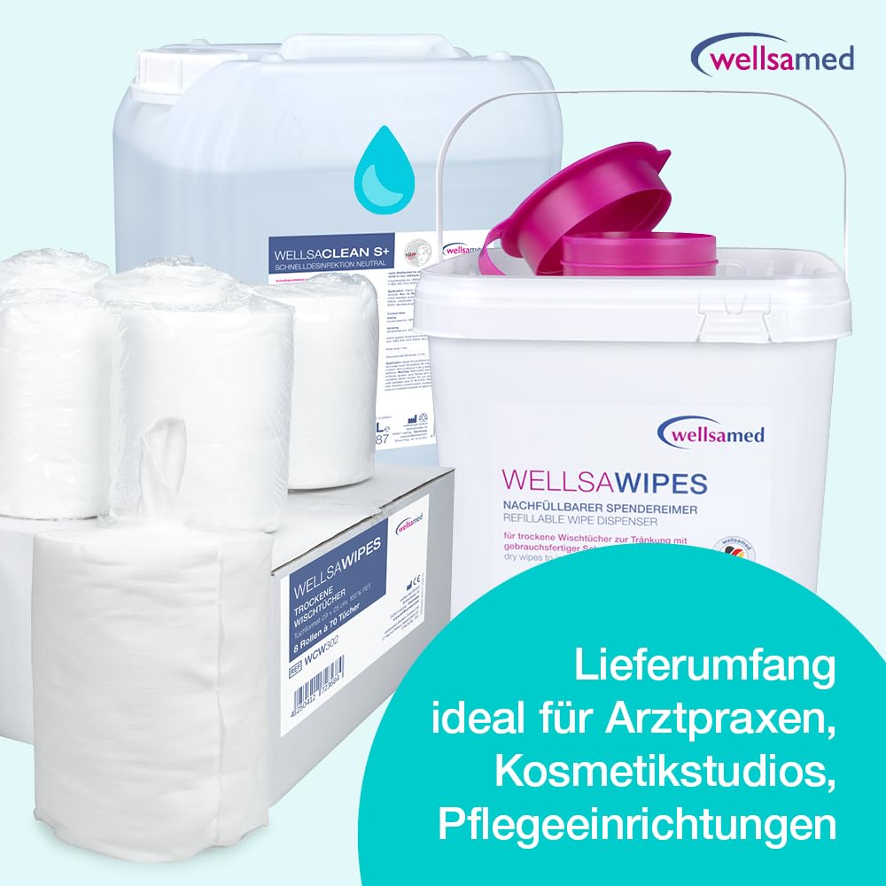 Wellsamed Desinfektionsmittel Set, 5 Liter Schnelldesinfektionslösung Neutral, Gebrauchsfertig, Mit Spendereimer und 8 Rollen Wischtücher à 70 Blatt