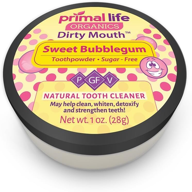 Primal Life Organics - Dirty Mouth Toothpowder, Tooth Cleaning Powder, Flavored Essential Oils with Natural Kaolin & Bentonite Clay, Good for 200+ Brushings, Organic, Vegan (Fruity Bubblegum, 1 oz)