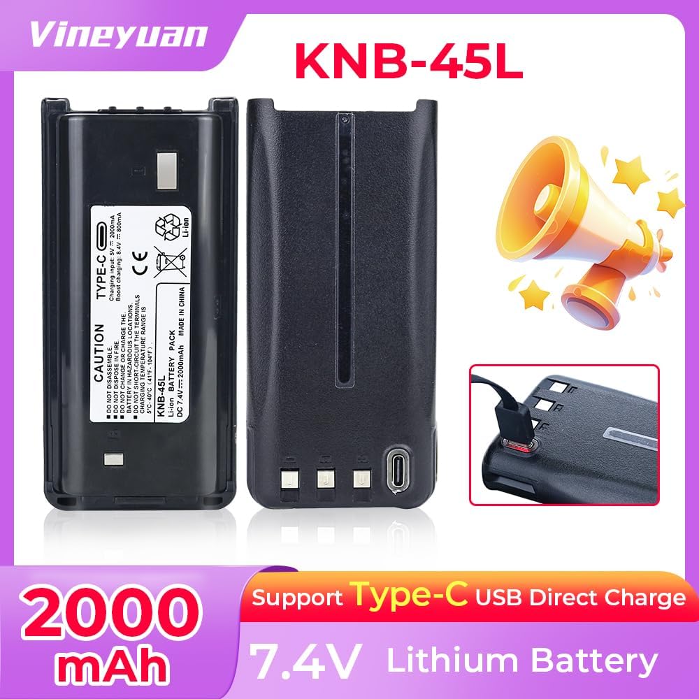 2000mAh KNB-45L Li-ion Battery Replacement for TK-2200 TK-3200 TK-2202 TK-3202 TK-2207G TK-3207G TK-2212L TK-3212L TK-2300VP TK-3300UP Two-Way Radios with Type-C USB Charging Port