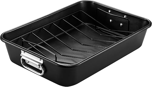 HONGBAKE Sartén antiadherente con estante en forma de V, sartén para asar pavo de 11 x 15.75 pulgadas con mango de acero para hornos, bandeja para