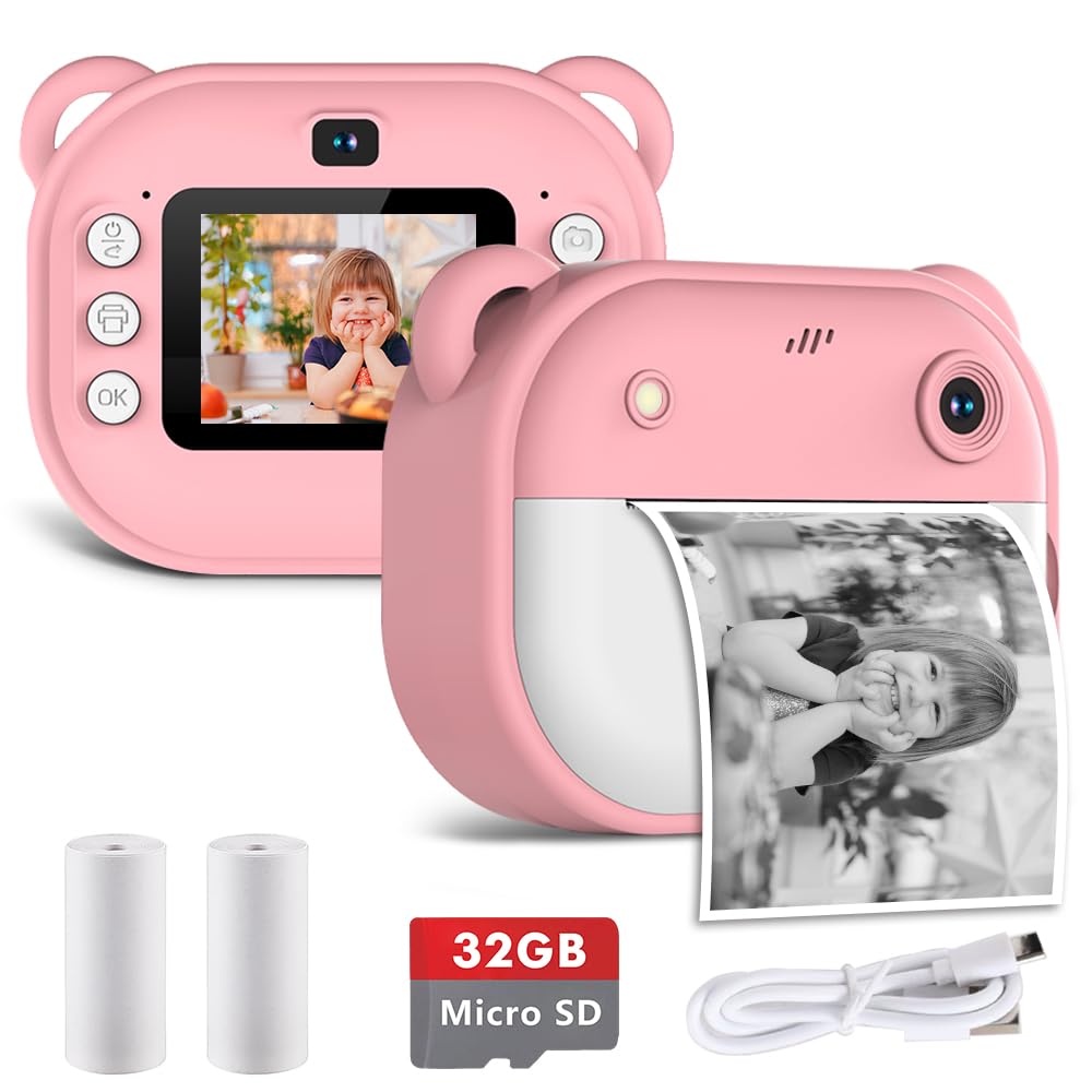 IXROAD Kids Camera Instant Print, 1080P Childrens Digital Camera for Girls Boys, Dual Lens, 16X Zoom, Printing Paper, 32GB TF Card Included