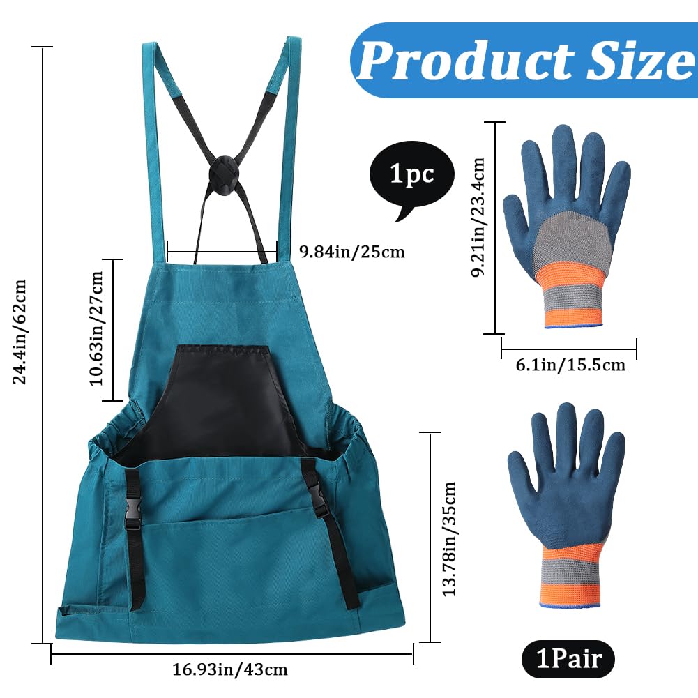 GORGECRAFT Ensemble de Tablier de Jardin en Tissu Vert Lavable à l'eau Pochette de Récolte de Légumes Sac de Cueillette de Fruits avec Poche à Dégagement Rapide Gants de Travail en Nylon