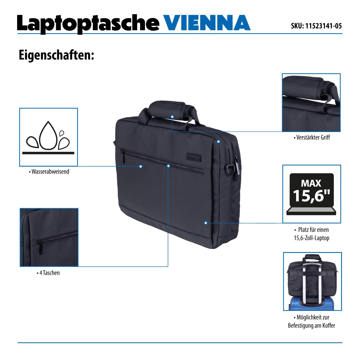 Vienna Borsa per laptop/ 15,6"/ lavoro/Per viaggi/Impermeabile/ 40 x 9 x 29 cm/ 10 litri/nero/Borsa elegante