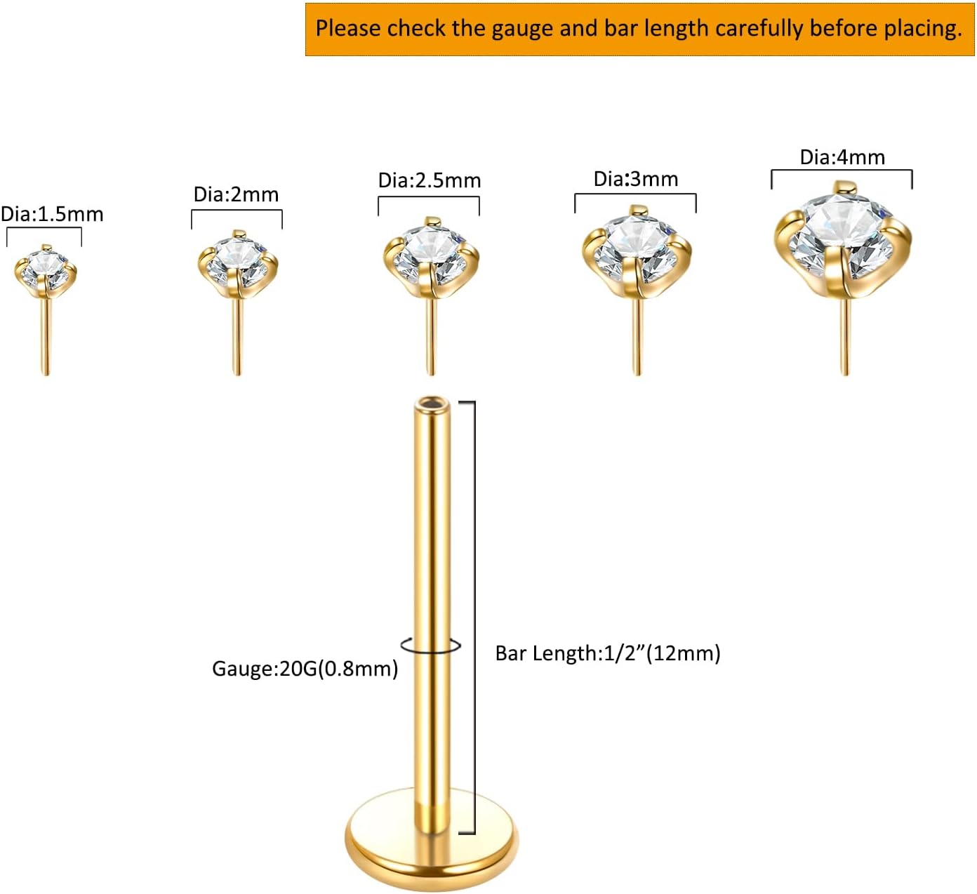 Oveta Threadless Nose Stud Stainless Steel 20G 18G 16G Threadless Flat Back Tragus Earrings Labret Medusa Monroe Ashely Lip Piercing Jewerly Gold - Image 2