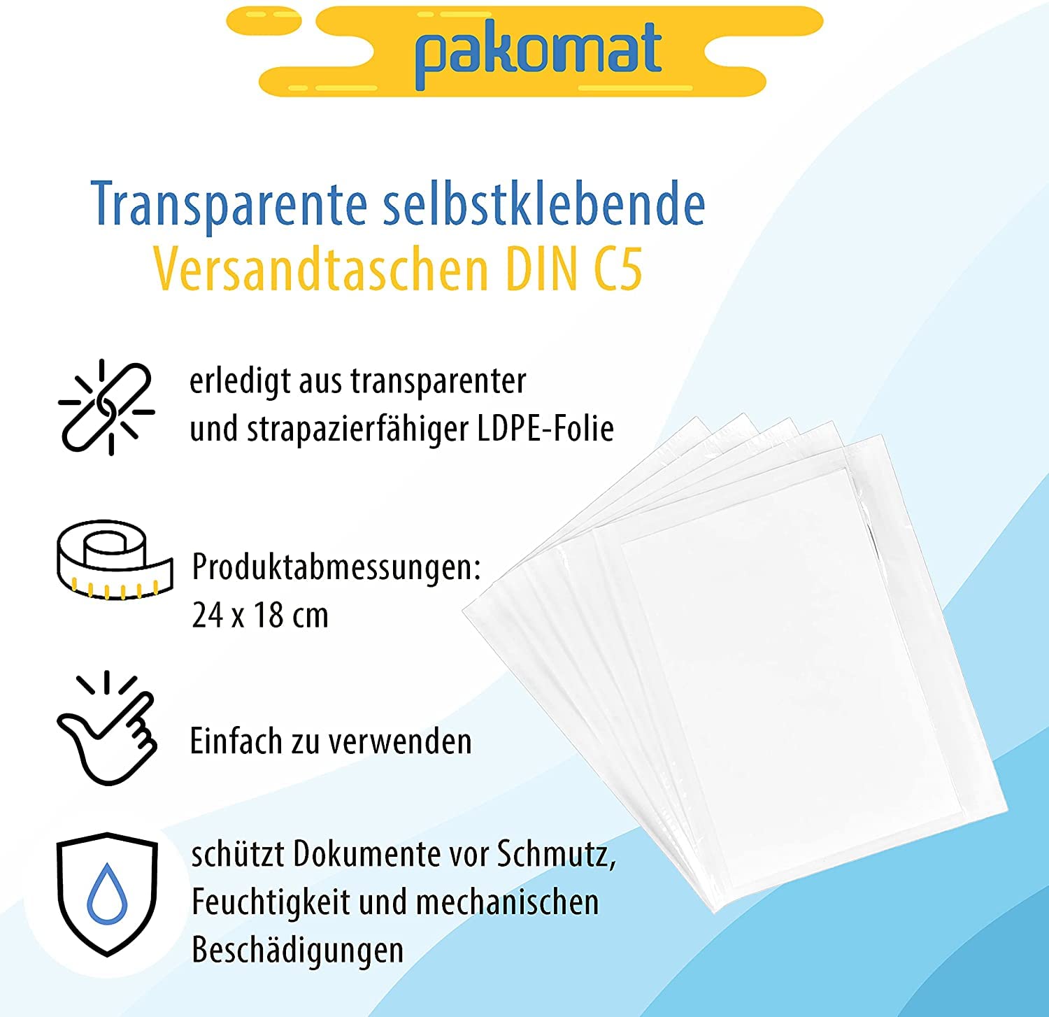 Pakomat Bolsas para albaranes DIN C5 para A5, transparentes, autoadhesivas (1000)