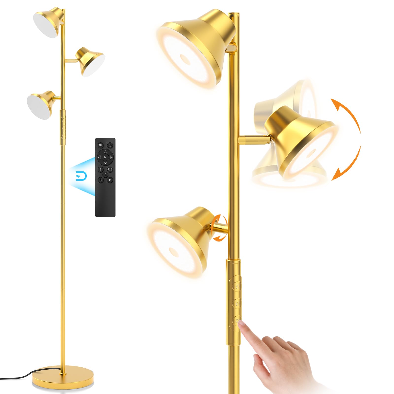 Gold Floor Lamp, 36W Modern LED Floor Lamp with Remote & Touch Control, 4 Color Temperatures, 3 Rotatable Lights, Floor Lamps for Living Room Bright Lighting, Bedroom, Office