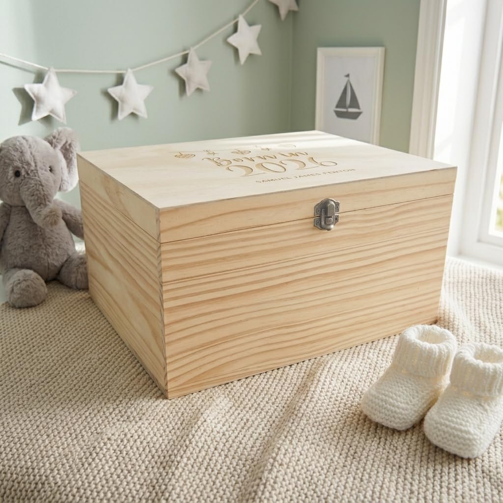 Caja de madera personalizada para bebé "Born In 5,146.0 cm | Caja de recuerdos de bebé con guirnalda floral grabada | Nombre personalizado y detalles de nacimiento | Regalo de bautizo y bautismo 2026