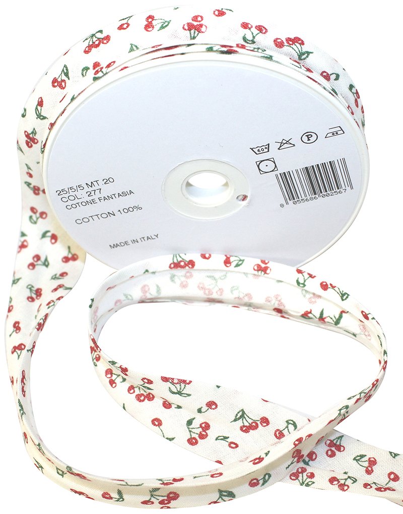 Inastri Red/White 25/5/5 Mm Cotton Bias Binding 'Cherries',