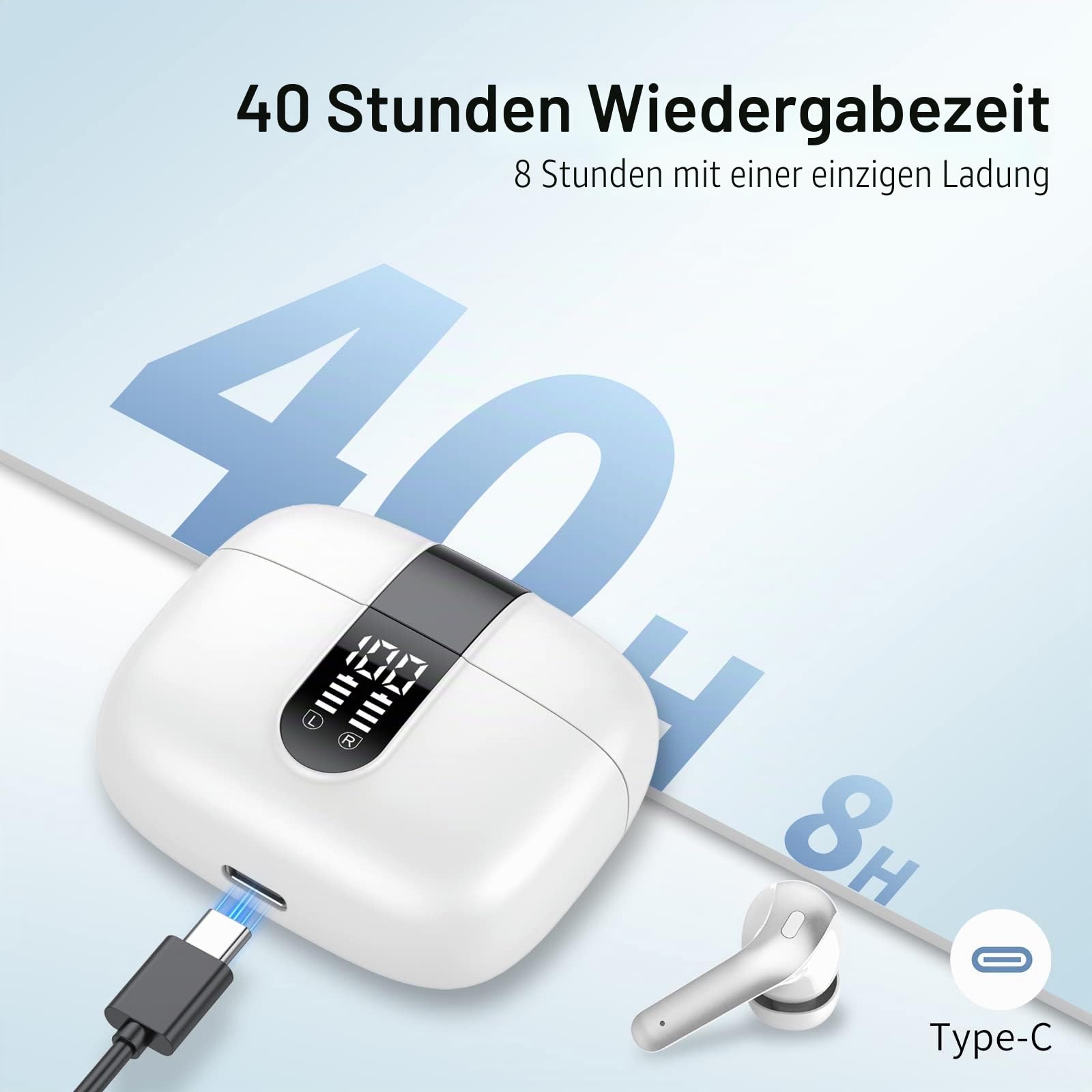 Kopfhörer Kabellos Bluetooth, Bluetooth Kopfhörer Mit Mikrofon, In Ear Kopfhörer Bluetooth 5.2 IPX7 Wasserdicht 40h Spielzeit Kabellose Kopfhörer USB C for iOS Android