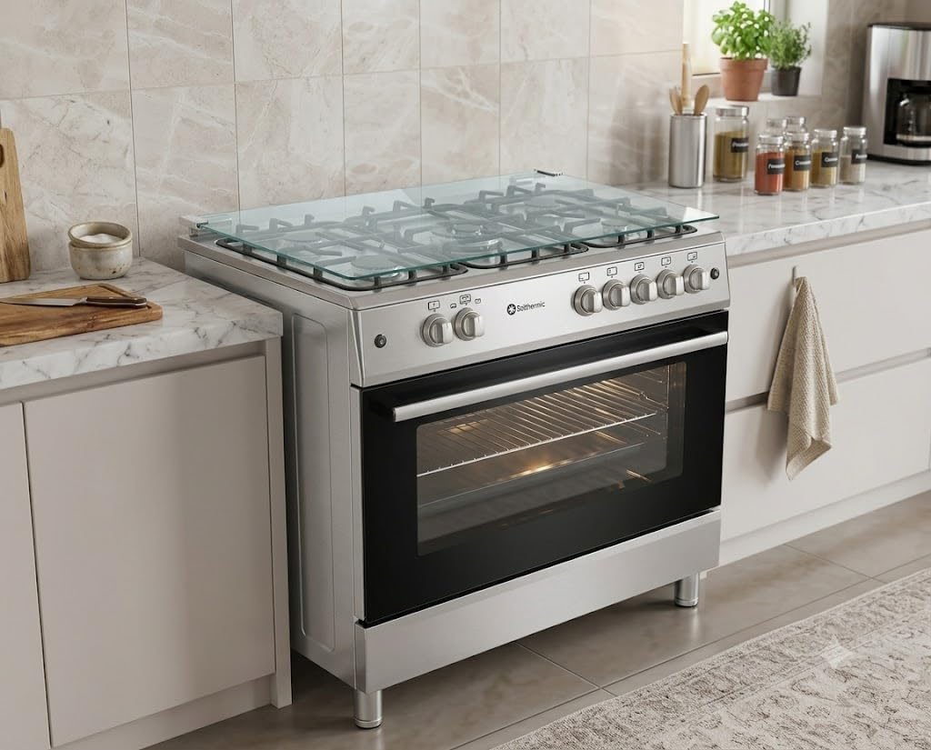 SOLTHERMIC F9L50G2IX COCINA ACERO INOXIDABLE/ANCHO 90 CMS / 5 FUEGOS CON ENCENDIDO AUTOMATICO/HORNO PANORAMICO 115 L. / ENTRGA A DOMICILIO Y RETIRADA DEL USADO GRATIS ALTA GAMA