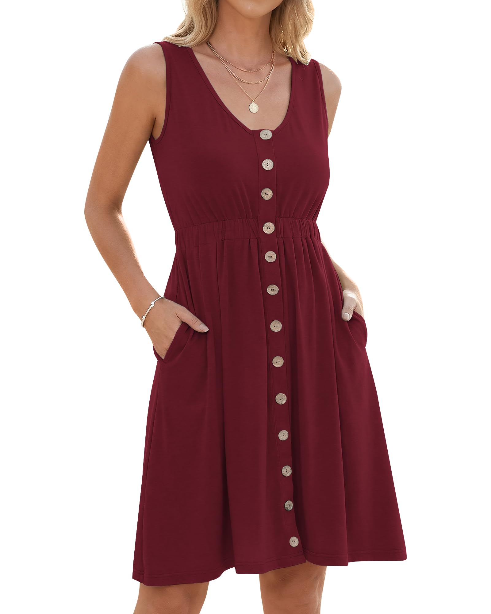 AUSELILY Sommerkleid Damen Ärmellos V-Ausschnitt Minikeid Casual Button Down Strandkleid mit Taschen
