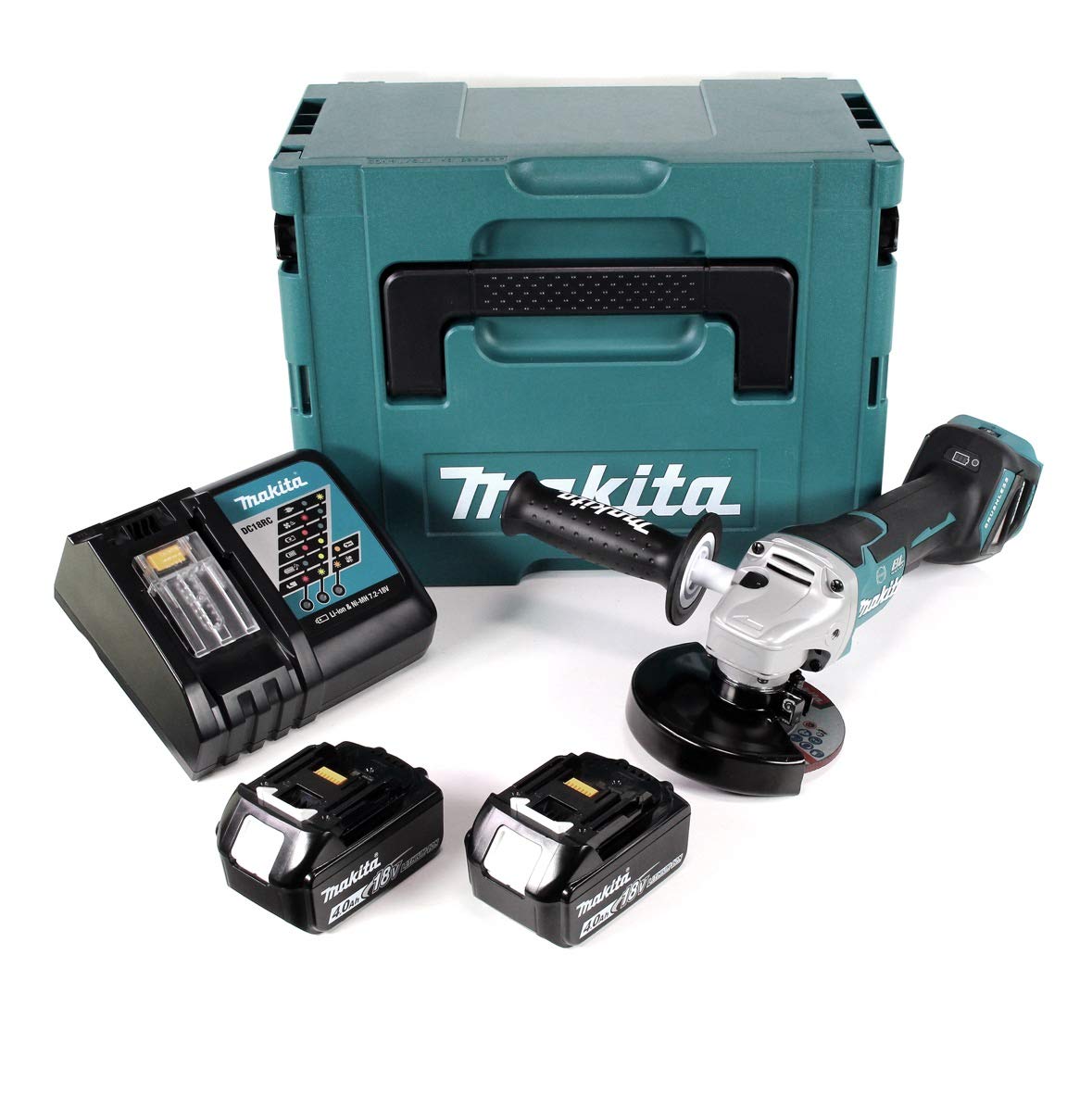 Makita DGA 517 RMJ akumulatorowa szlifierka kątowa 18 V 125 mm bezszczotkowa + 2 x akumulator 4,0 Ah + ładowarka + Makpac