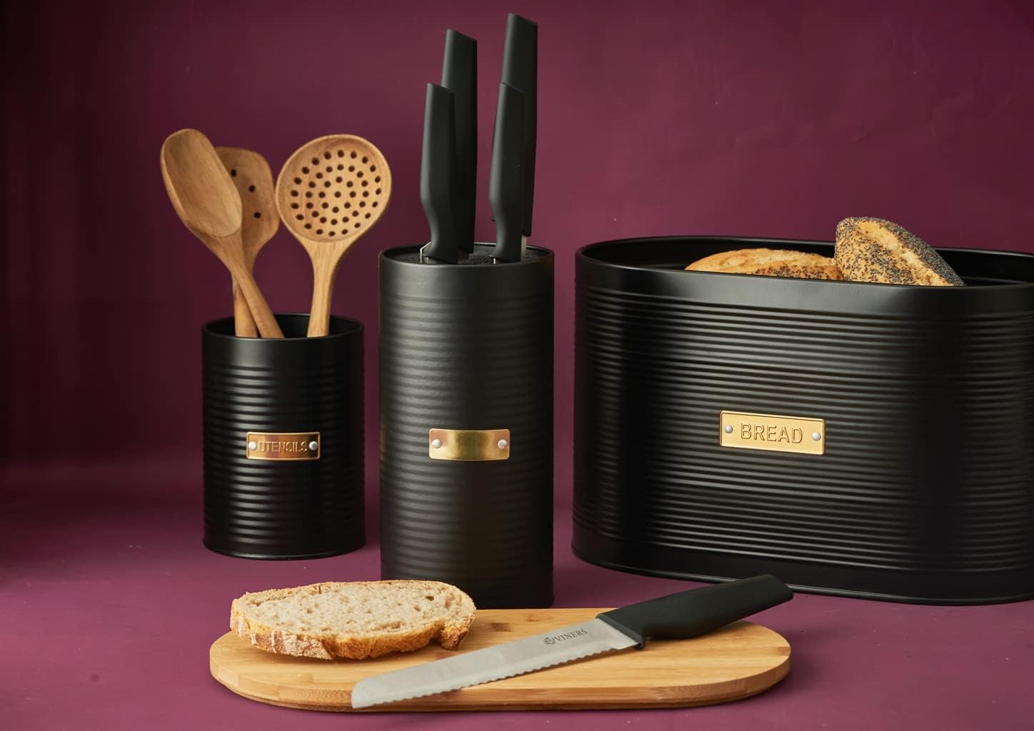 Typhoon Living Otto Bread Bin with Bamboo Lid, Matte Black/Gold