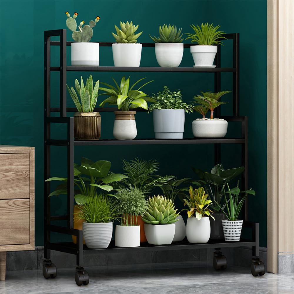 Pflanzenständer Blumenständer, 3 Etagen Metall Pflanzenregal mit 4 Rollen | Pflanzentreppe, Blumentopf Topfhalter, Multifunktionales Pflanzenregal für Outdoor Indoor Balkon, Garten, Wohnzimmer