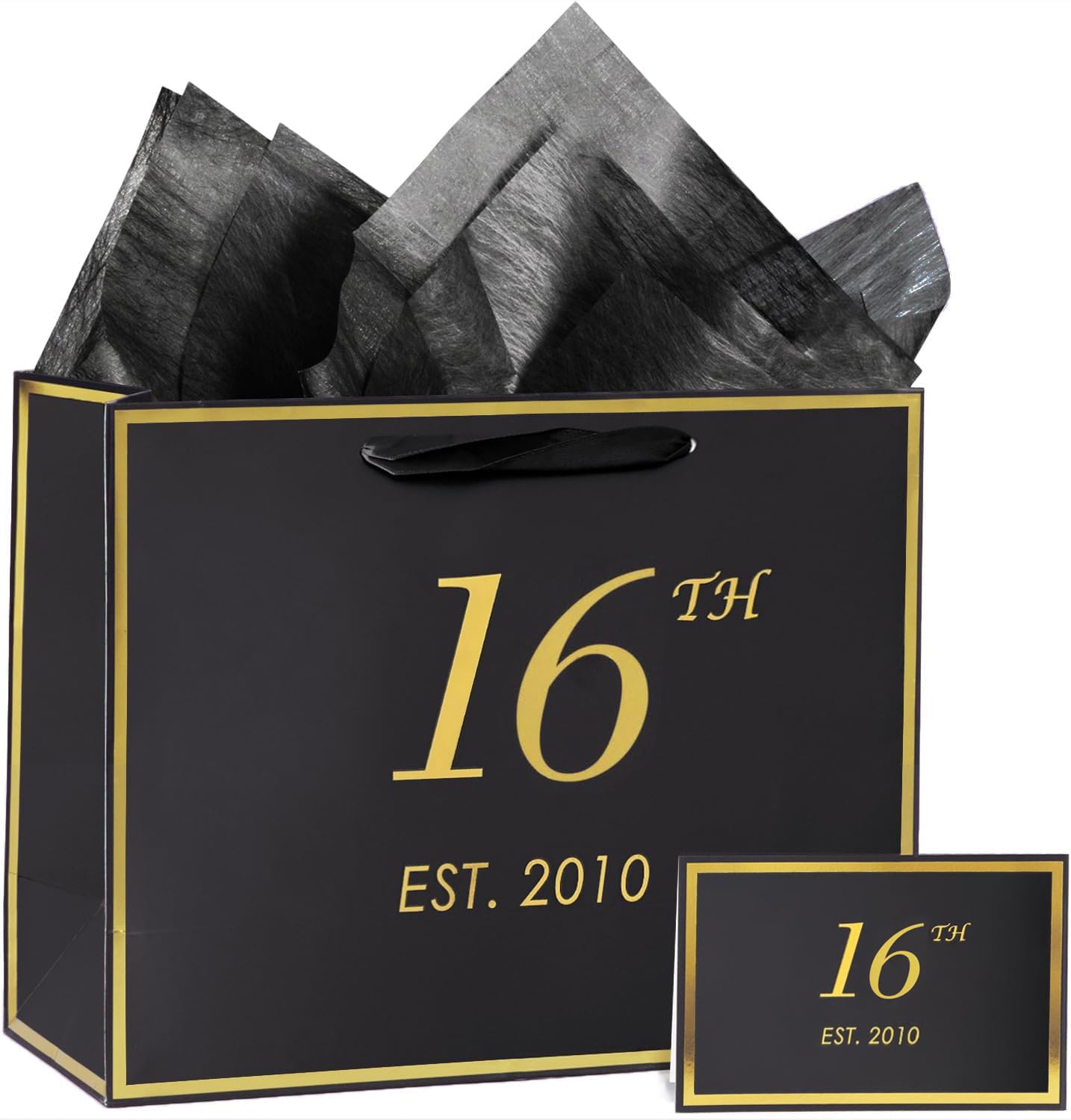 View 1 of 16th Birthday Gift Bag with Card and Tissue Paper for Men Boy Him Women Girl, 2010 16 Year Old 13" Elegant Black Gold Anniversary Keepsake Party Present Shopping Paper Bags for Gifts Wrapping (2010 16th)