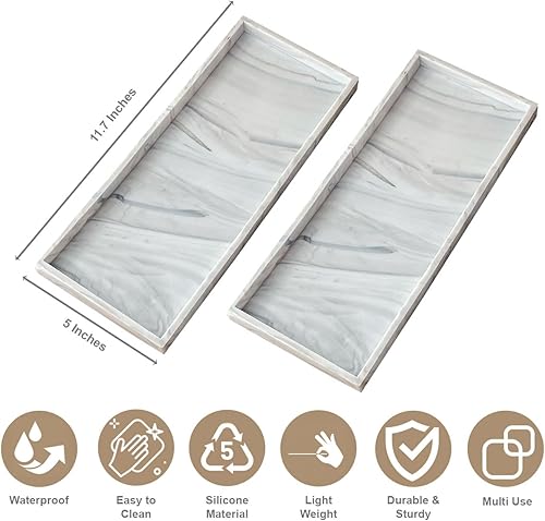 Miniatura 7 de Bandejas de tocador de baño, paquete de 2 organizadores de encimera de baño y bandejas para fregadero de cocina, hechas de silicona impermeable,