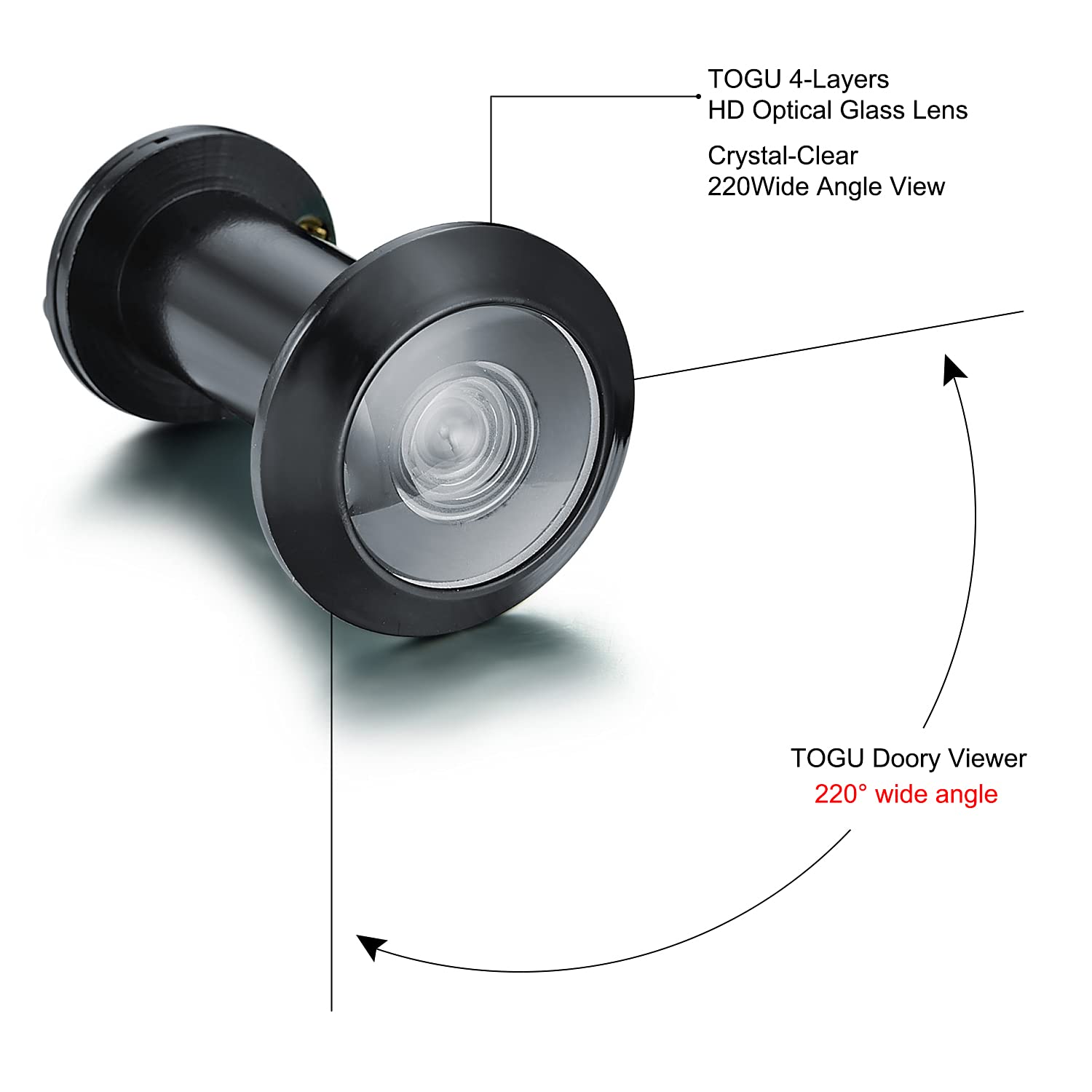 TOGU TG2614YG-MBC Türspion aus massivem Messing, UL-gelistet, 220-Grad-Türspion mit robuster Sichtschutzabdeckung für 3,5 cm bis 6,4 cm Türen, mattschwarzes Finish, 10 Sets