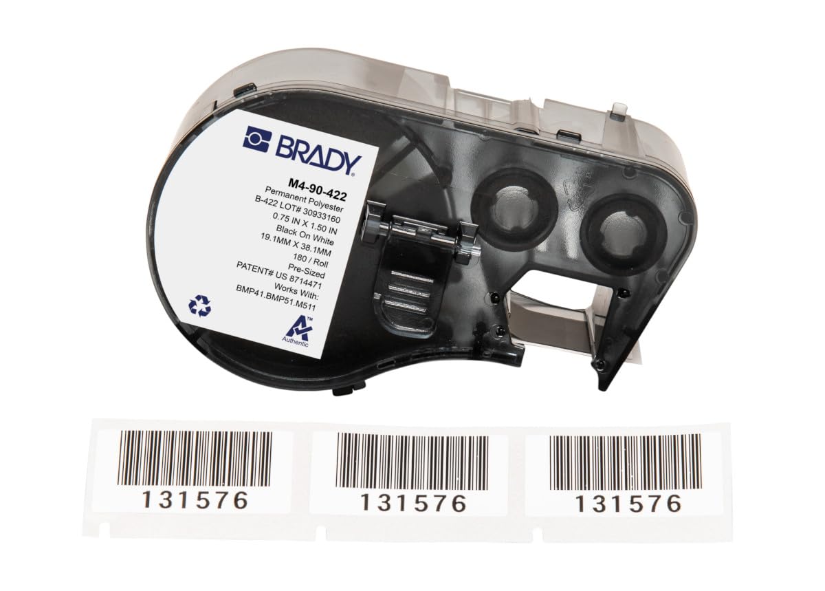 Etykiety poliestrowe Brady do drukarek etykiet M410 & M510-180 etykiet samoprzylepnych do drukarek - Uniwersalne etykiety poliestrowe - Czarne na białym (19,05 mm x 38,10 mm) - M4-90-422