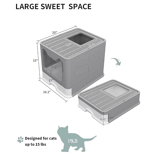 Foto 4 de 8 de Bandeja de arena cerrada para gatos, casa de aseo con bandeja extraíble, pala, cepillo, capacidad de 15 kg
