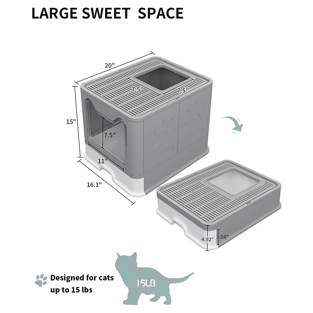 Arenero Gatos Cubierto Cajon: Arenero para Gatos Grande Cerrado Caja de Arena Plegable Cagadero Gato sin Olores con Pala y Filtro-51 * 41 * 38cm-Gris
