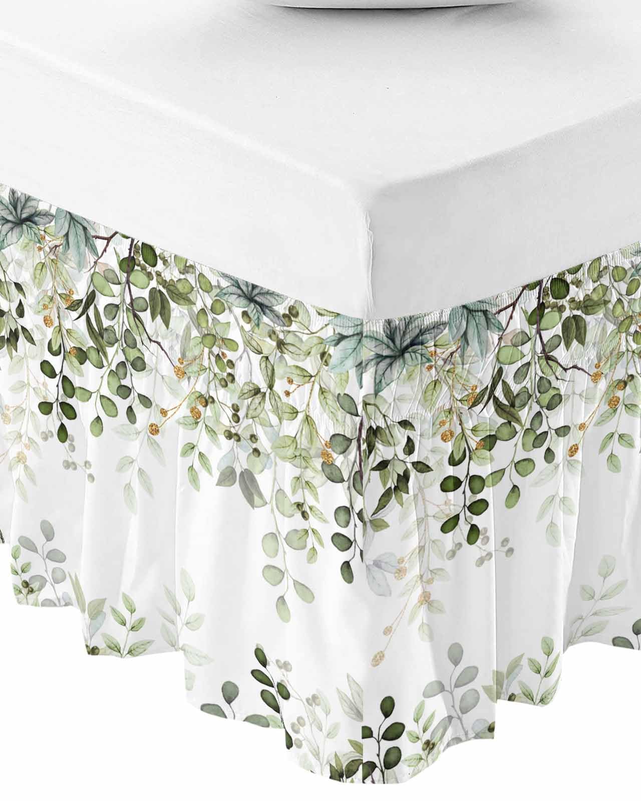 Eucalyptus Leaves Sage Green Bed Skirt Queen Size 16 Inch Drop, Adjustable Elastic Wrap Around Bed Skirts Easy Fitting Dust Ruffle Bedskirt Wrinkle Free Bed Frame Cover Spring Summer Herb