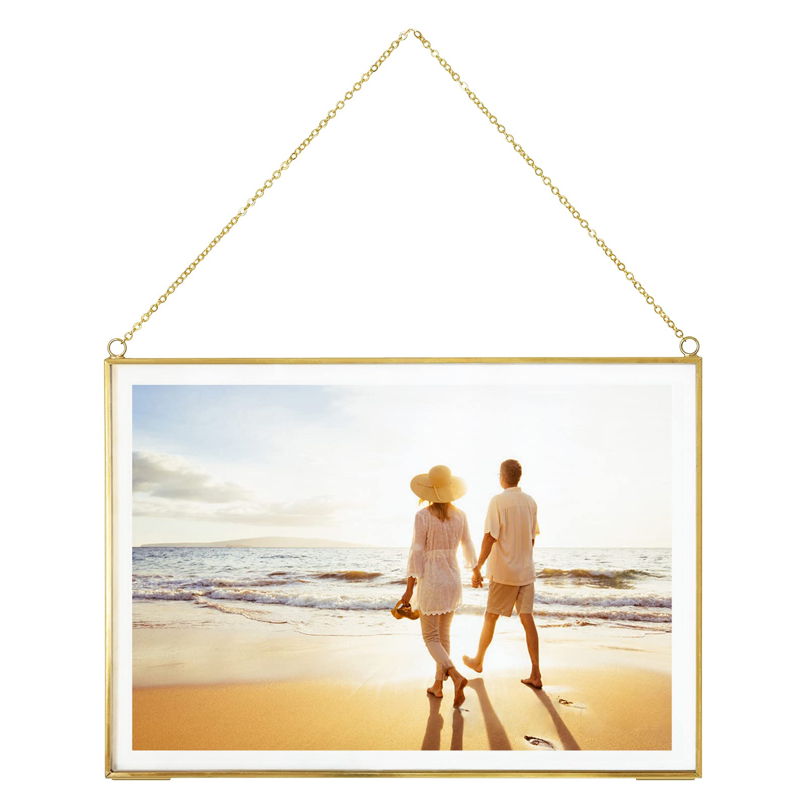 TLBTEK 8X12inch Picture Frames,Brass Hanging Double Glass Frame for Pressed Flowers,Clear DIY Vintage Artwork Display Frame Wall Mounted Photos Frame (8x12 Inch-Horizontal)