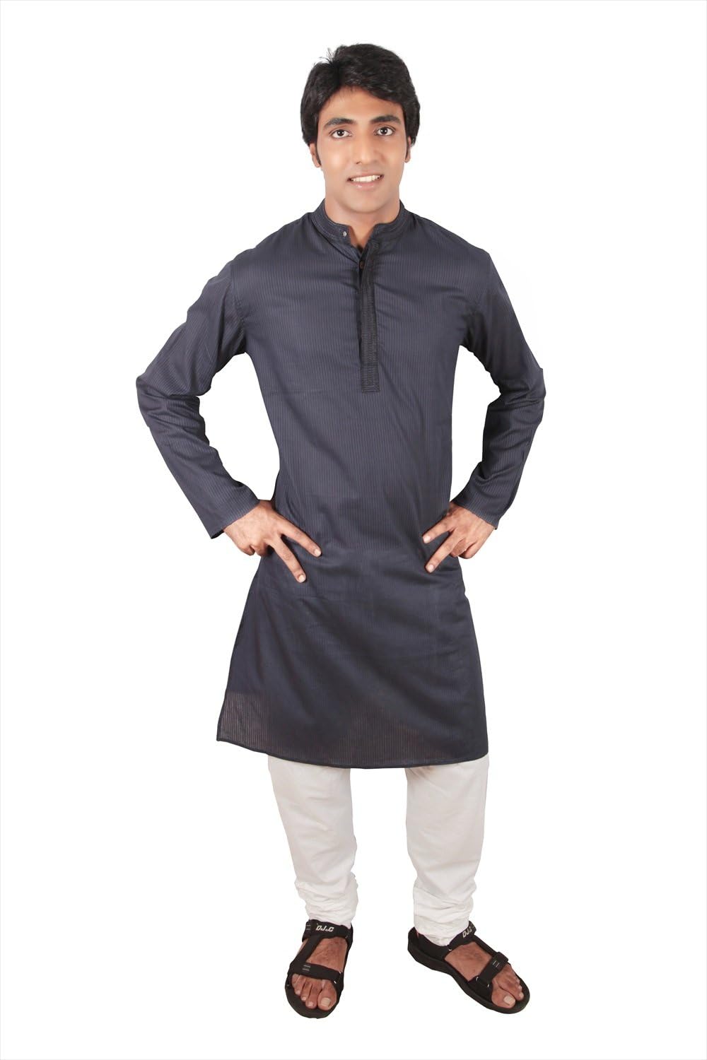 Akkriti Indian Clothing Men's Long Kurta Tunic Banded Collar Embellished Placket Shirt Set