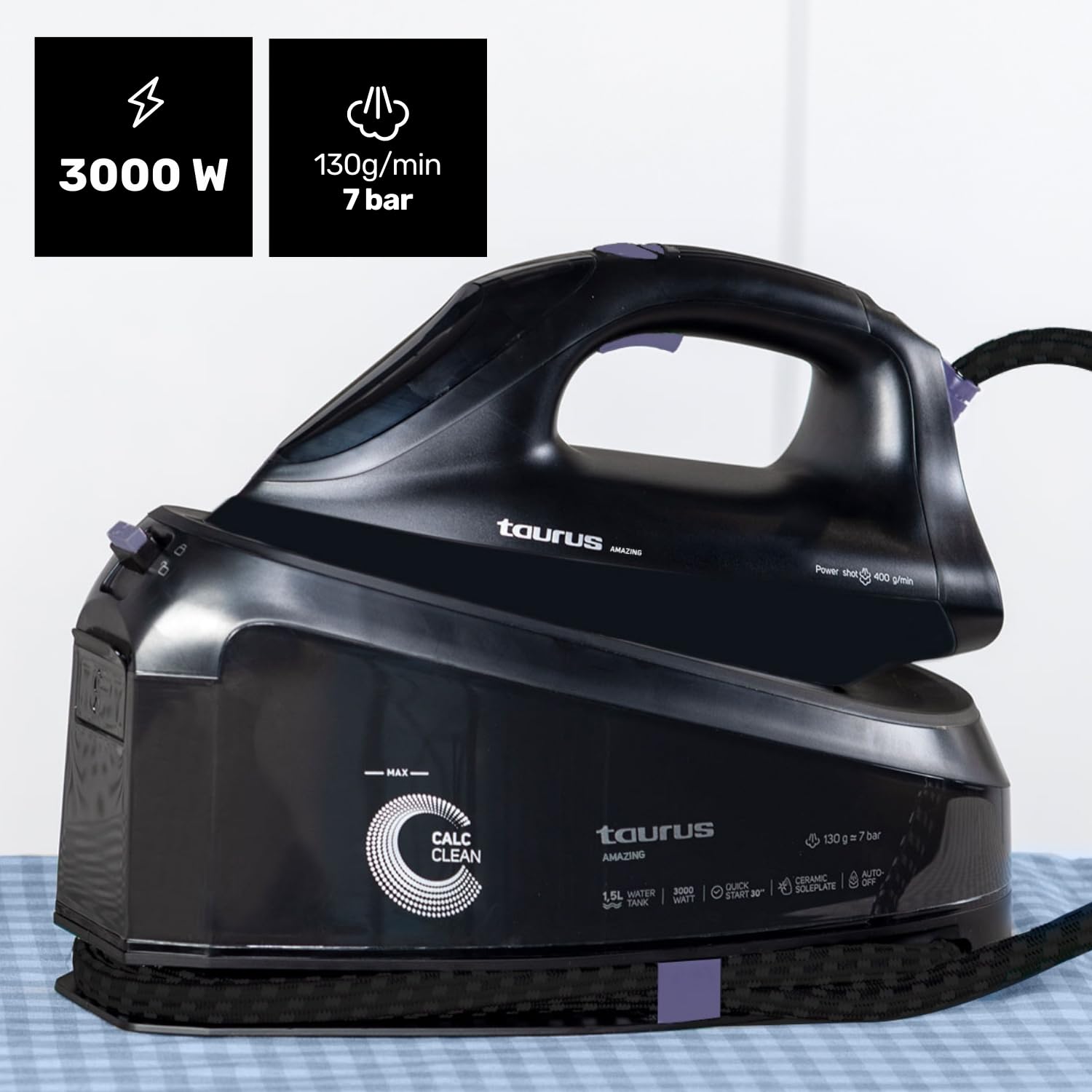 Taurus Amazing – Centro stirante SSD3002,3000W,Serbatoio 1,5L,Piastra ceramica,Colpo vapore 130 g/min,Display digitale,Antigoccia,Anticalcare,Autopulizia,Spegnimento automatico
