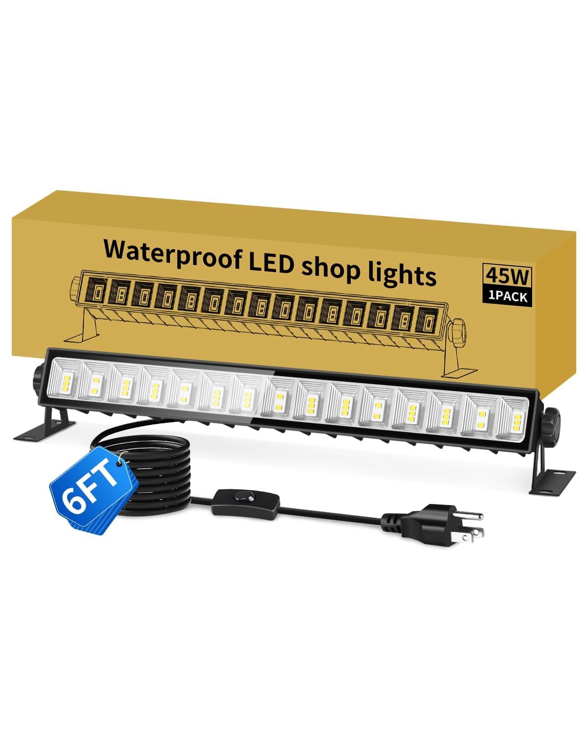 IP66 Waterproof 45W LED Shop Lights 5400LM 6000K Daylight White Garage Light with 6FT Power Cord Switch Plug
