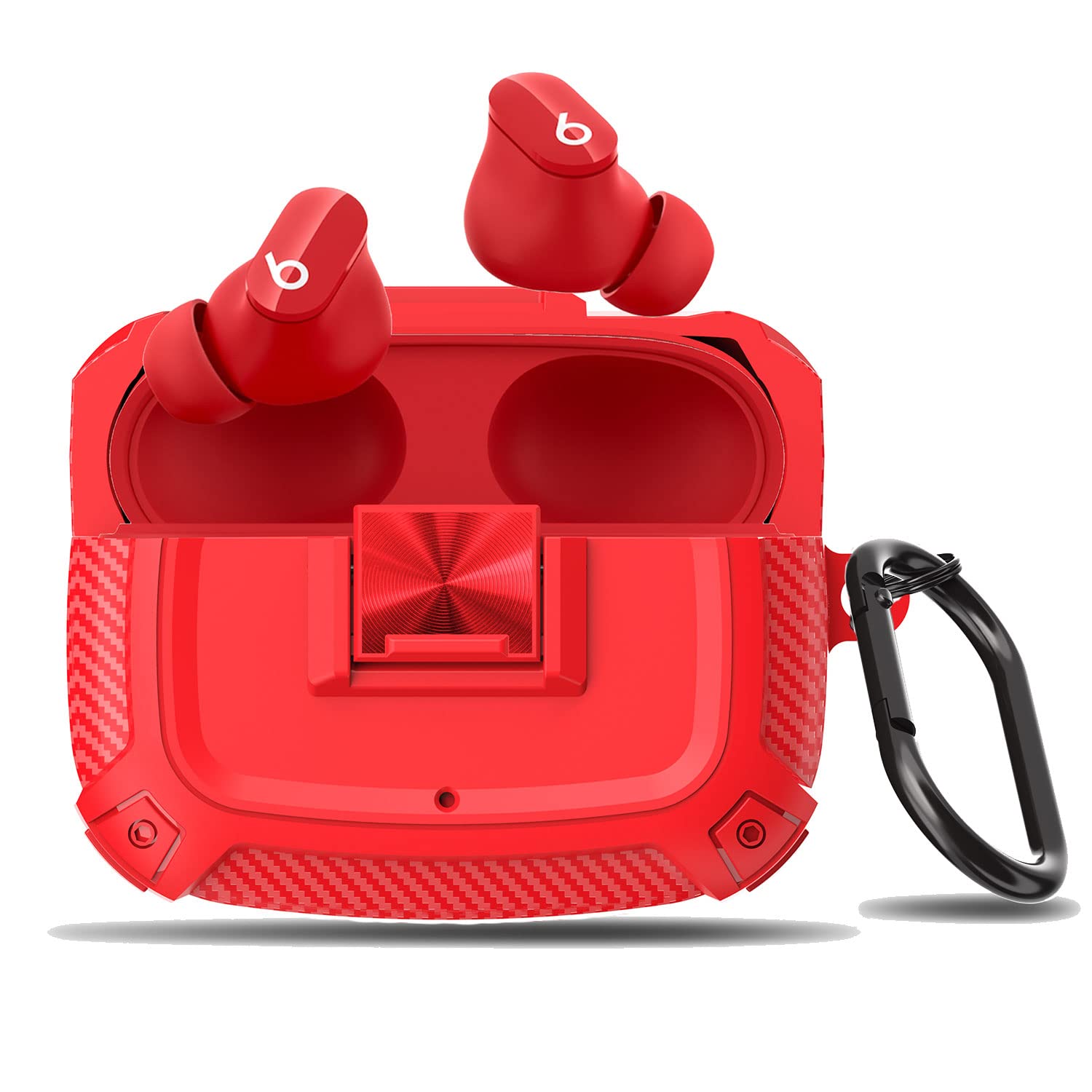 Upgrade Secure Lock] Compatible with Beats Studio Buds (2021) / Beats Studio Buds+ (2023) Case TPU Military Shell Protective Cover Skin Shock-Absorbing with Keychain and Lanyard (Red)