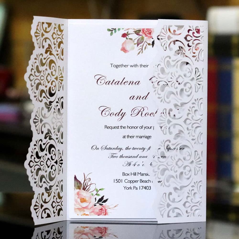 Delikatna romantyczna karta z zaproszeniem na przy Opakowanie 50 sztuk, zestaw czystego papieru do druku i kopert na wesela, przyjęcia urodzinowe i przyjęcia(White,Personalized Printed)